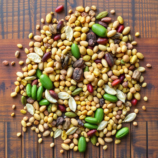 Various seeds spread on wooden table
