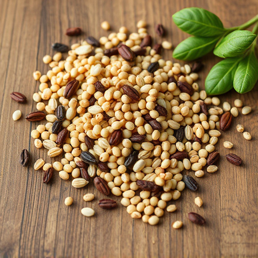 Various seeds spread on wooden table
