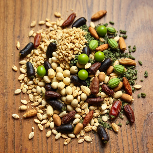 Various seeds spread on wooden table