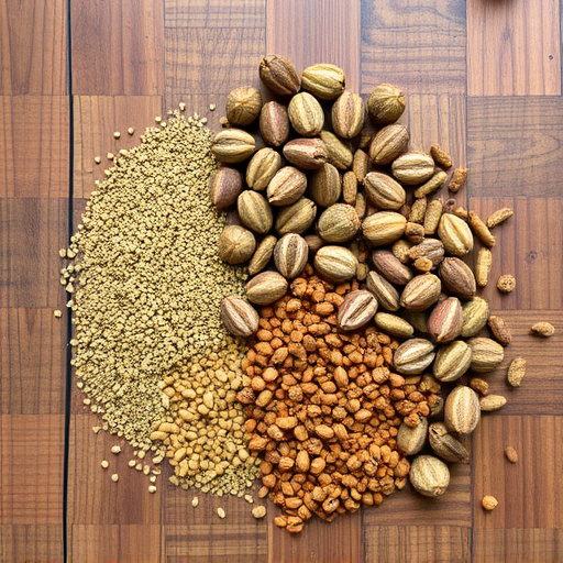Various seeds spread on wooden table