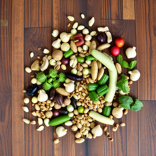 Various seeds spread on wooden table