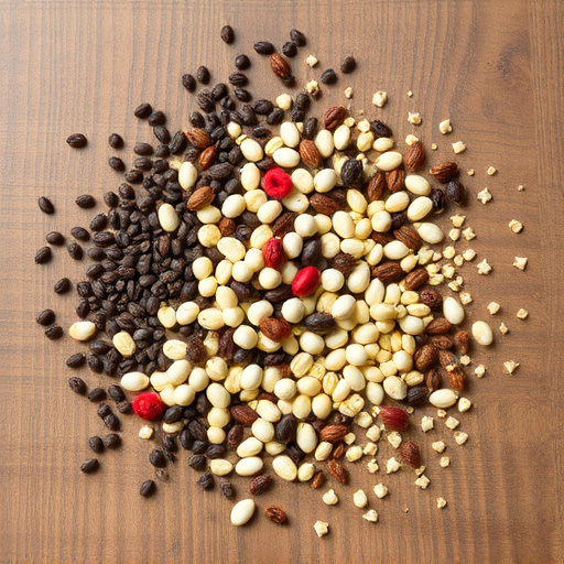 Various seeds spread on wooden table