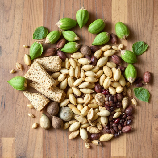 Various seeds spread on wooden table