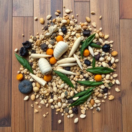 Various seeds spread on wooden table