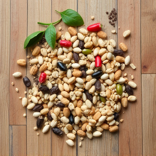 Various seeds spread on wooden table