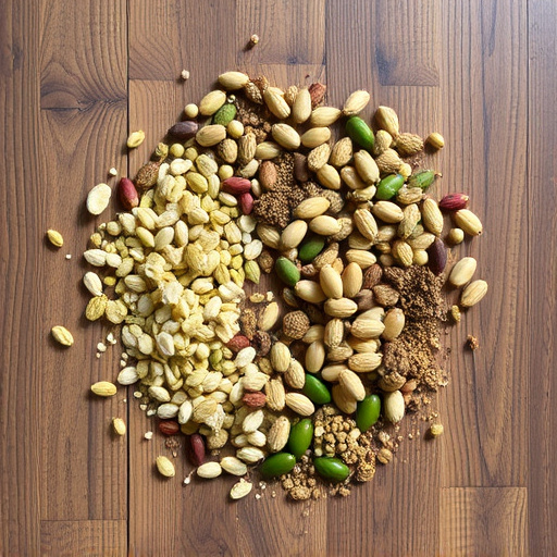 Various seeds spread on wooden table