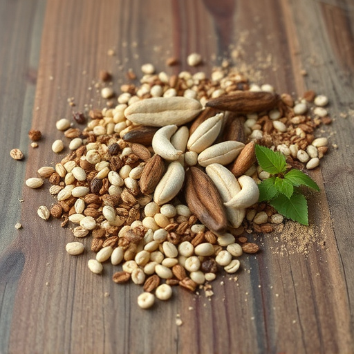 Various seeds spread on wooden table