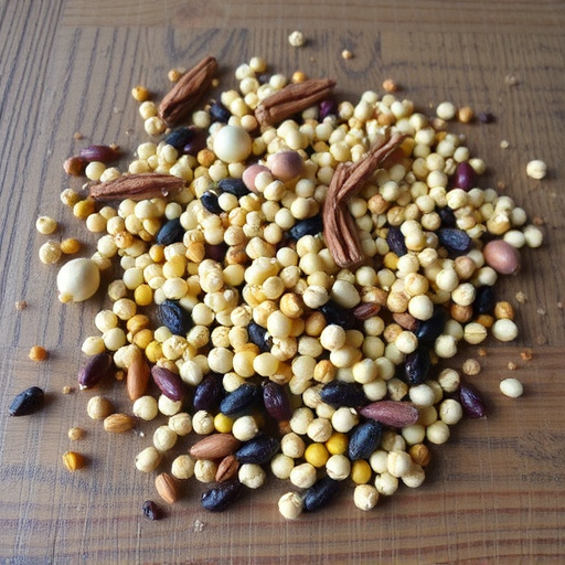 Various seeds spread on wooden table