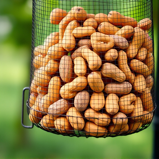 Whole peanuts in mesh bird feeder