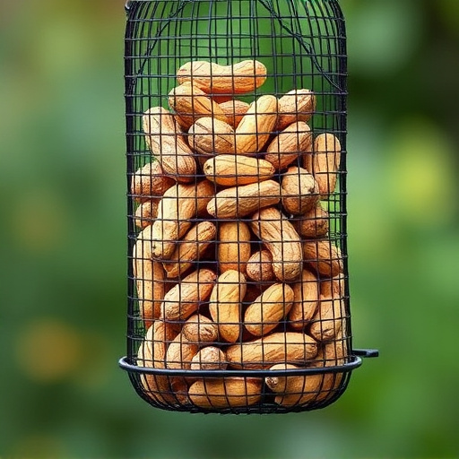 Whole peanuts in mesh bird feeder