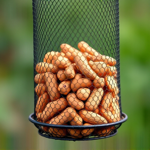 Whole peanuts in mesh bird feeder