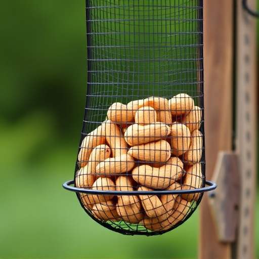 Whole peanuts in mesh bird feeder