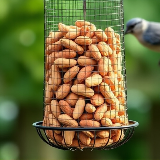 Whole peanuts in mesh bird feeder