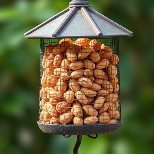Whole peanuts in mesh bird feeder
