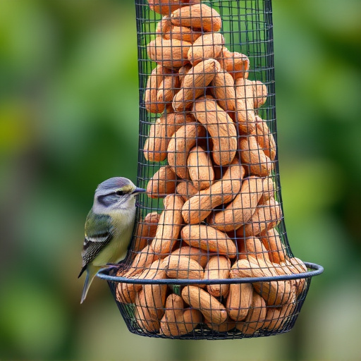 Whole peanuts in mesh bird feeder