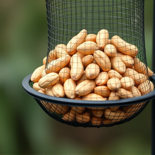 Whole peanuts in mesh bird feeder