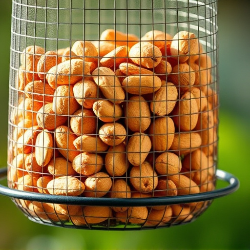 Whole peanuts in mesh bird feeder