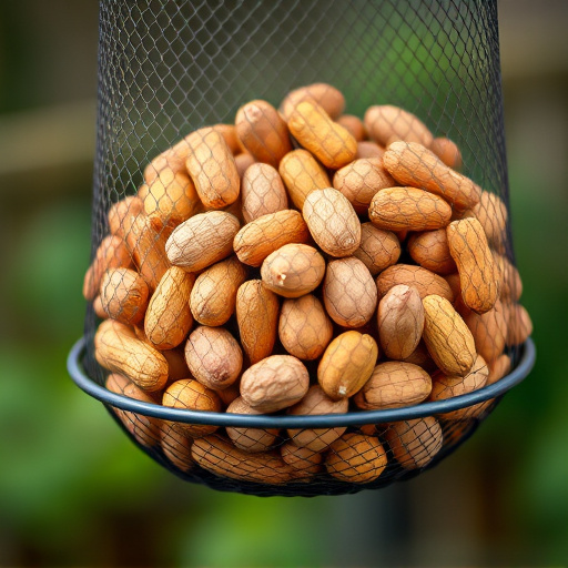 Whole peanuts in mesh bird feeder
