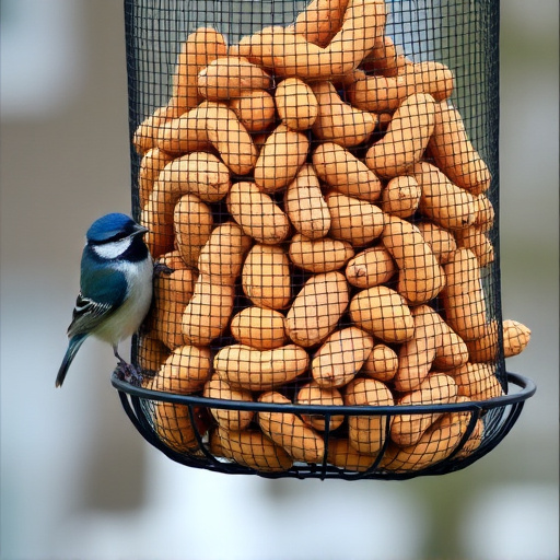Whole peanuts in mesh bird feeder