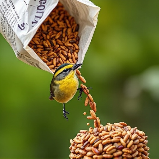 Wild bird seed pouring from bag