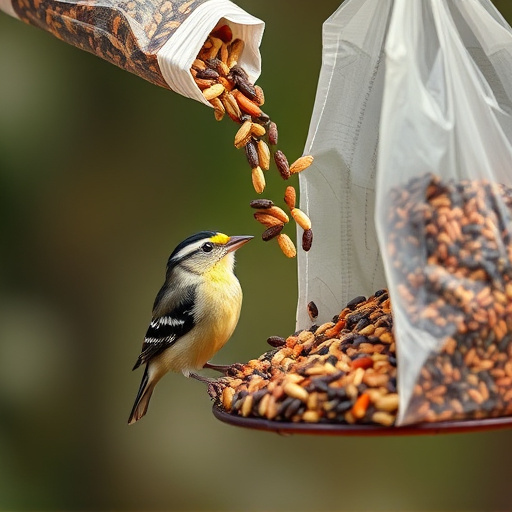 Wild bird seed pouring from bag