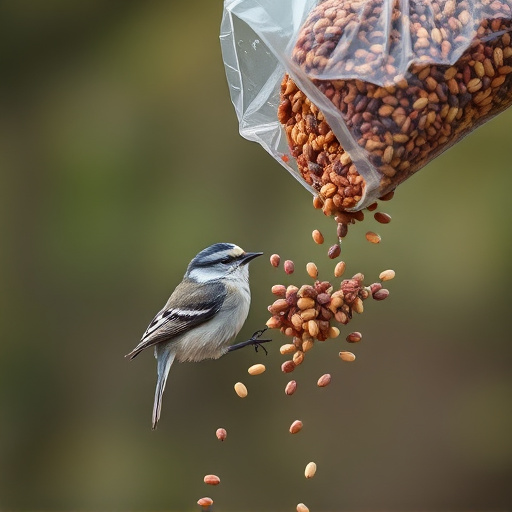 Wild bird seed pouring from bag