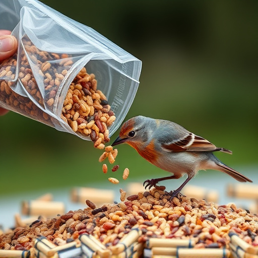 Wild bird seed pouring from bag