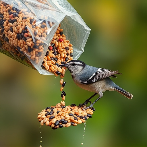 Wild bird seed pouring from bag