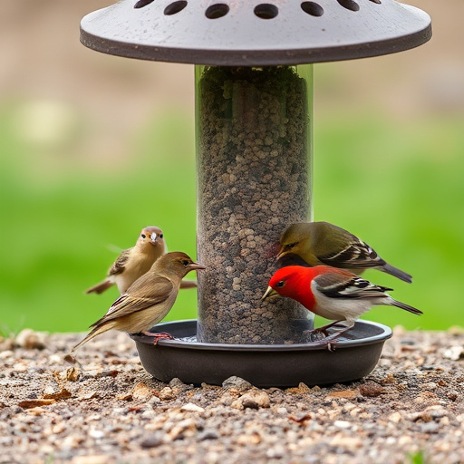 Wild birds eating from ground feeder