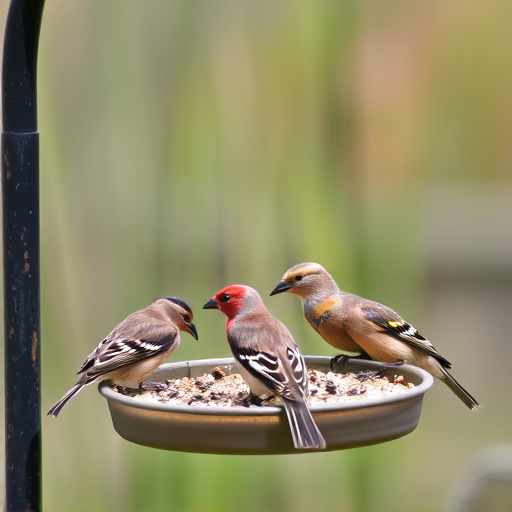 Wild birds eating from ground feeder