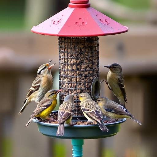 Wild birds eating from ground feeder