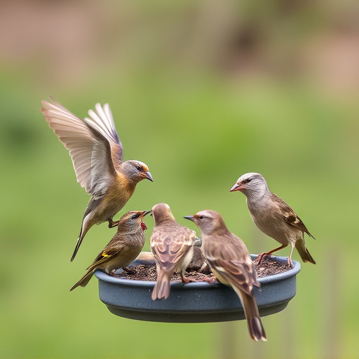 Wild birds eating from ground feeder