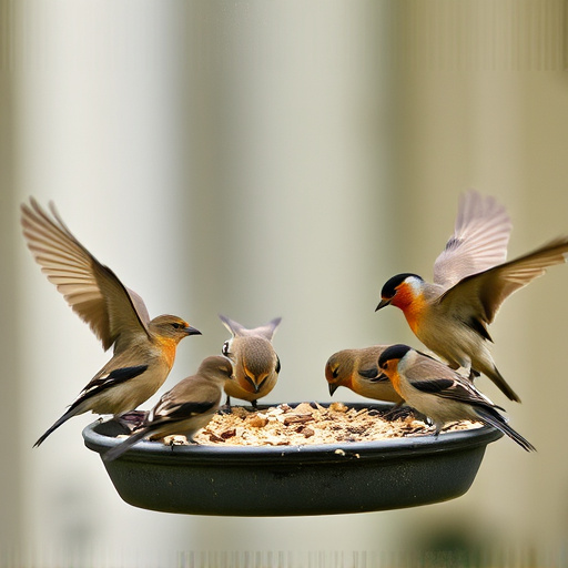 Wild birds eating from ground feeder