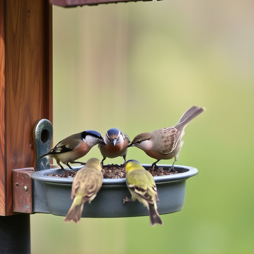 Wild birds eating from ground feeder