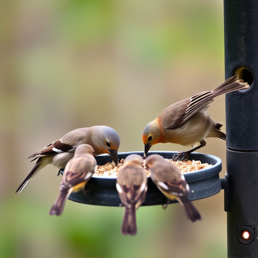 Wild birds eating from ground feeder