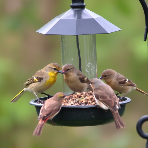 Wild birds eating from ground feeder