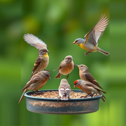Wild birds eating from ground feeder
