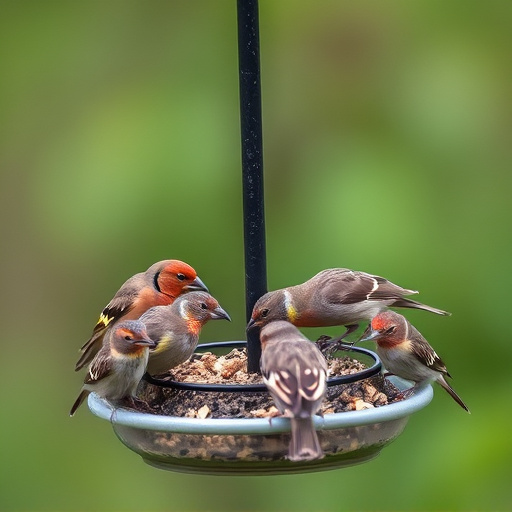Wild birds eating from ground feeder