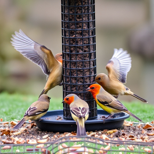 Wild birds eating from ground feeder