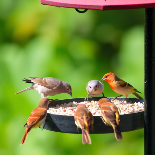 Wild birds eating from ground feeder