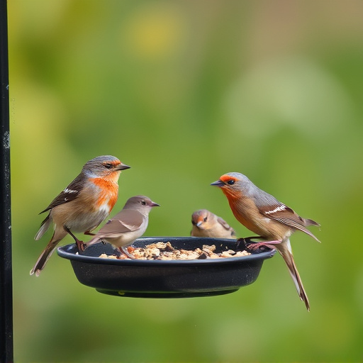Wild birds eating from ground feeder