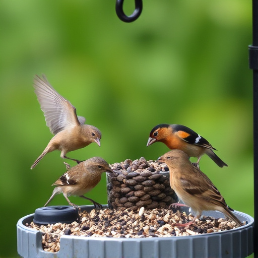 Wild birds eating from ground feeder