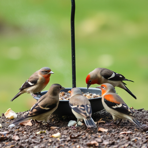 Wild birds eating from ground feeder