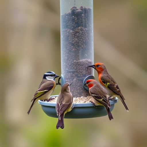 Wild birds eating from ground feeder