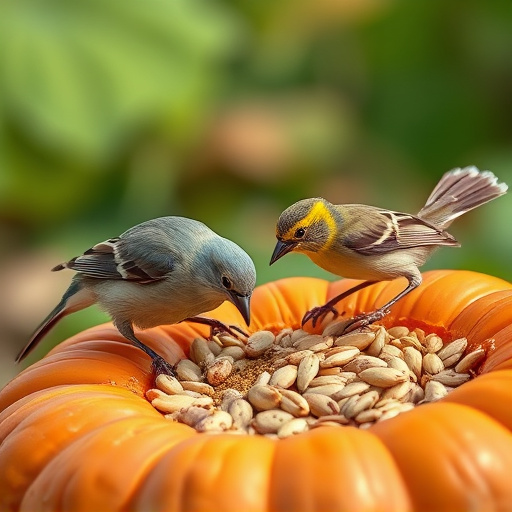 Wild birds eating pumpkin seeds