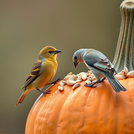 Wild birds eating pumpkin seeds