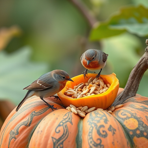Wild birds eating pumpkin seeds