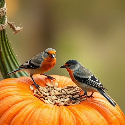 Wild birds eating pumpkin seeds