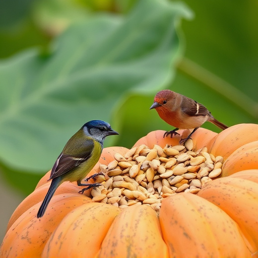 Wild birds eating pumpkin seeds