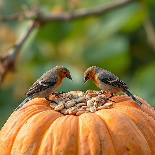 Wild birds eating pumpkin seeds